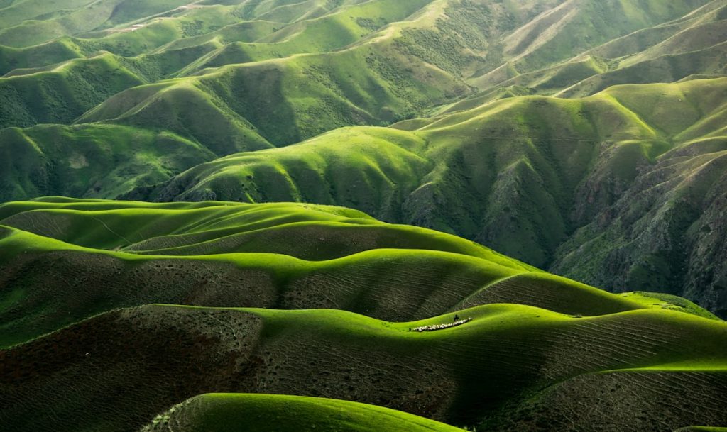 Lush green rolling hills landscape, aerial view of vibrant grassland mountains, serene nature scene.